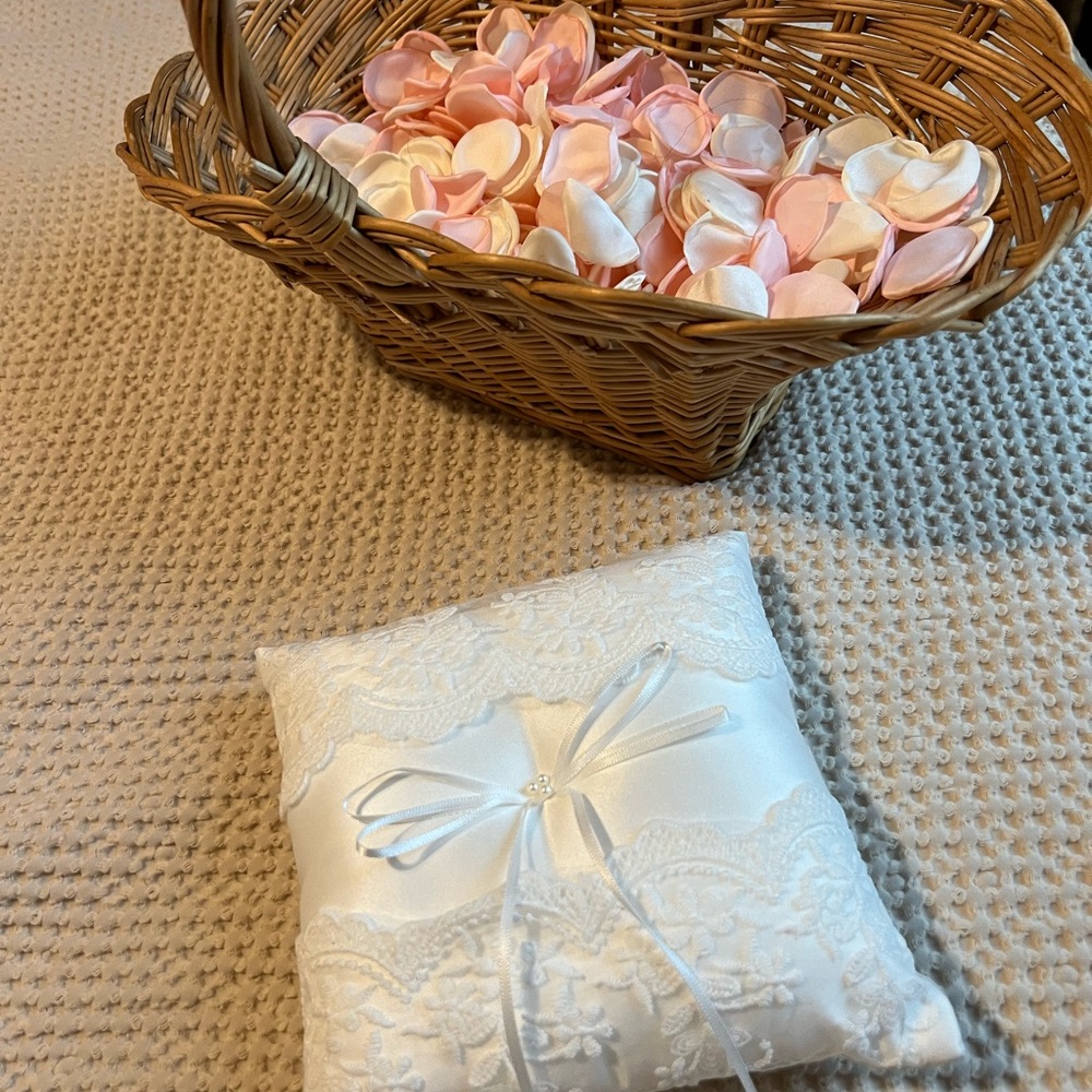 Flower girl & ring bearer set - Pink and White Silk Petals in Wicker Basket